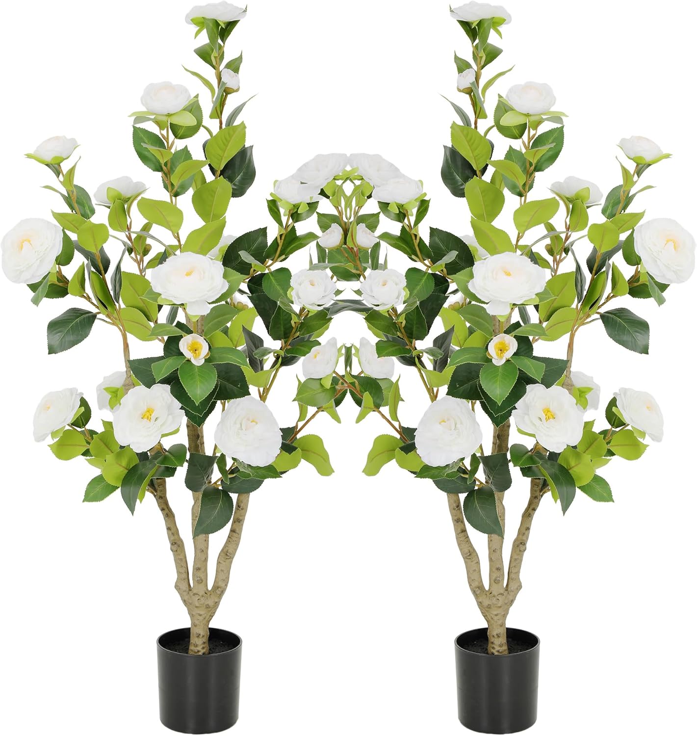 5ft Artificial Camellia Tree with Silk Orange Flowers, 60in Faux Camellia Plant with Lifelike Trunk, Fake Flower Tree Potted Front Door Plants for Porch Patio Deck Living Room Decor, 2Pack