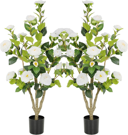5ft Artificial Camellia Tree with Silk Orange Flowers, 60in Faux Camellia Plant with Lifelike Trunk, Fake Flower Tree Potted Front Door Plants for Porch Patio Deck Living Room Decor, 2Pack
