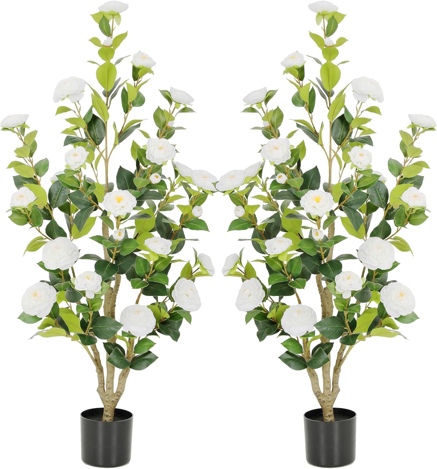 5ft Artificial Camellia Tree with Silk Orange Flowers, 60in Faux Camellia Plant with Lifelike Trunk, Fake Flower Tree Potted Front Door Plants for Porch Patio Deck Living Room Decor, 2Pack