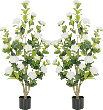 5ft Artificial Camellia Tree with Silk Orange Flowers, 60in Faux Camellia Plant with Lifelike Trunk, Fake Flower Tree Potted Front Door Plants for Porch Patio Deck Living Room Decor, 2Pack