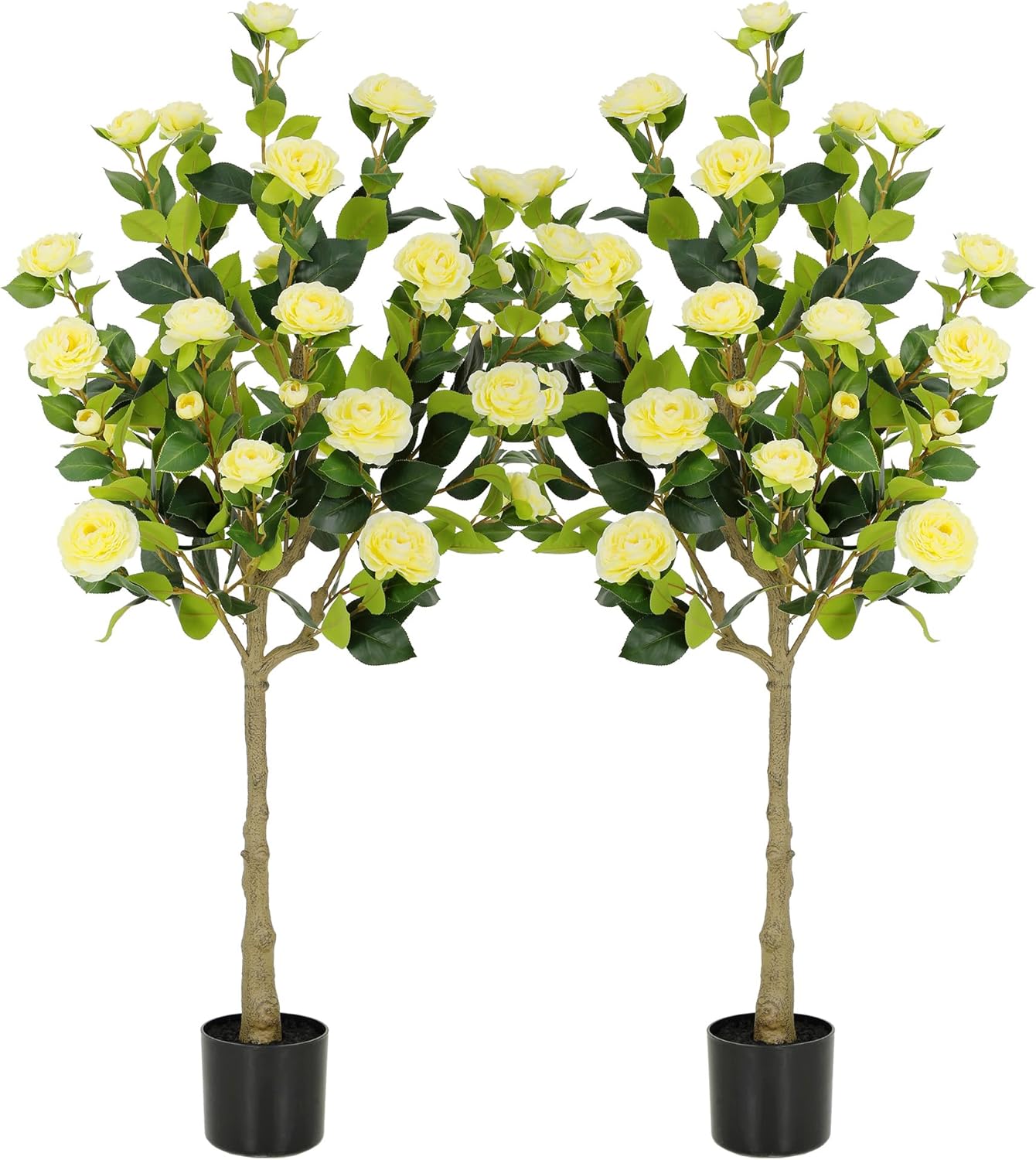 5ft Artificial Camellia Tree with Silk Orange Flowers, 60in Faux Camellia Plant with Lifelike Trunk, Fake Flower Tree Potted Front Door Plants for Porch Patio Deck Living Room Decor, 2Pack