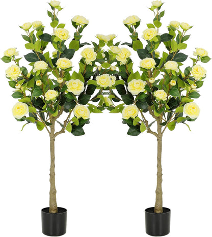 5ft Artificial Camellia Tree with Silk Orange Flowers, 60in Faux Camellia Plant with Lifelike Trunk, Fake Flower Tree Potted Front Door Plants for Porch Patio Deck Living Room Decor, 2Pack