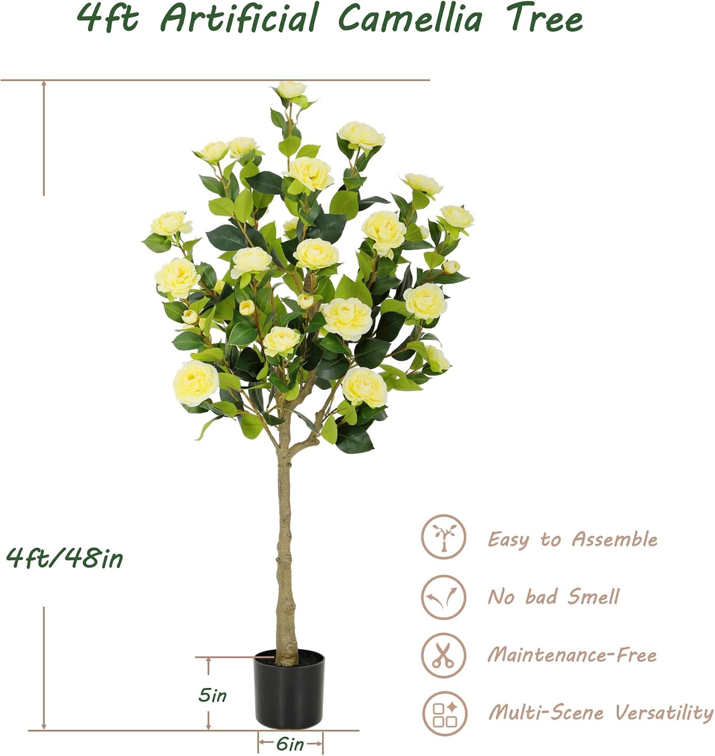 5ft Artificial Camellia Tree with Silk Orange Flowers, 60in Faux Camellia Plant with Lifelike Trunk, Fake Flower Tree Potted Front Door Plants for Porch Patio Deck Living Room Decor, 2Pack