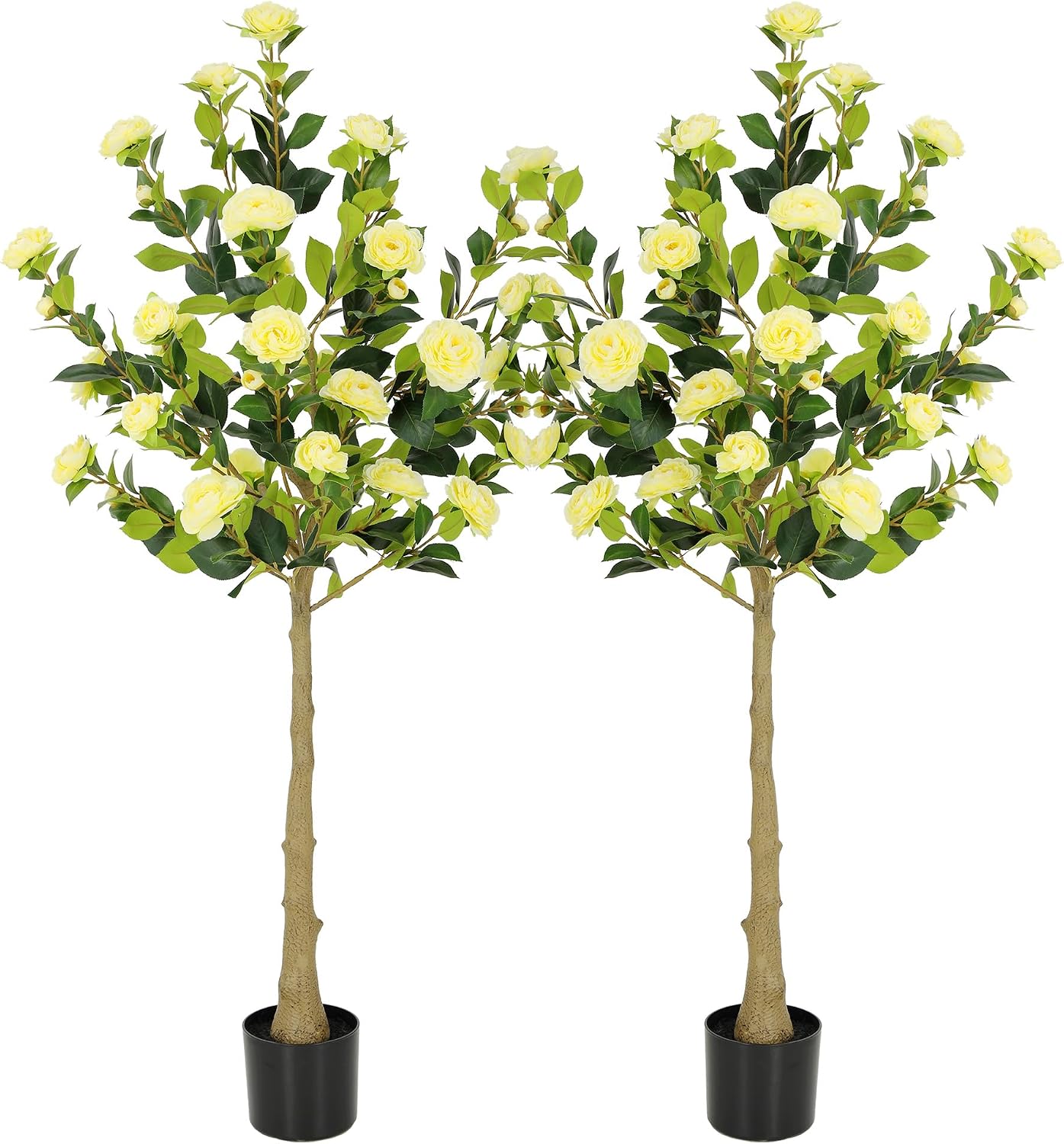 5ft Artificial Camellia Tree with Silk Orange Flowers, 60in Faux Camellia Plant with Lifelike Trunk, Fake Flower Tree Potted Front Door Plants for Porch Patio Deck Living Room Decor, 2Pack
