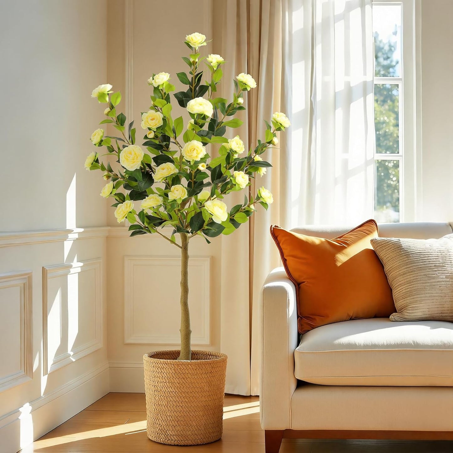 5ft Artificial Camellia Tree with Silk Orange Flowers, 60in Faux Camellia Plant with Lifelike Trunk, Fake Flower Tree Potted Front Door Plants for Porch Patio Deck Living Room Decor, 2Pack
