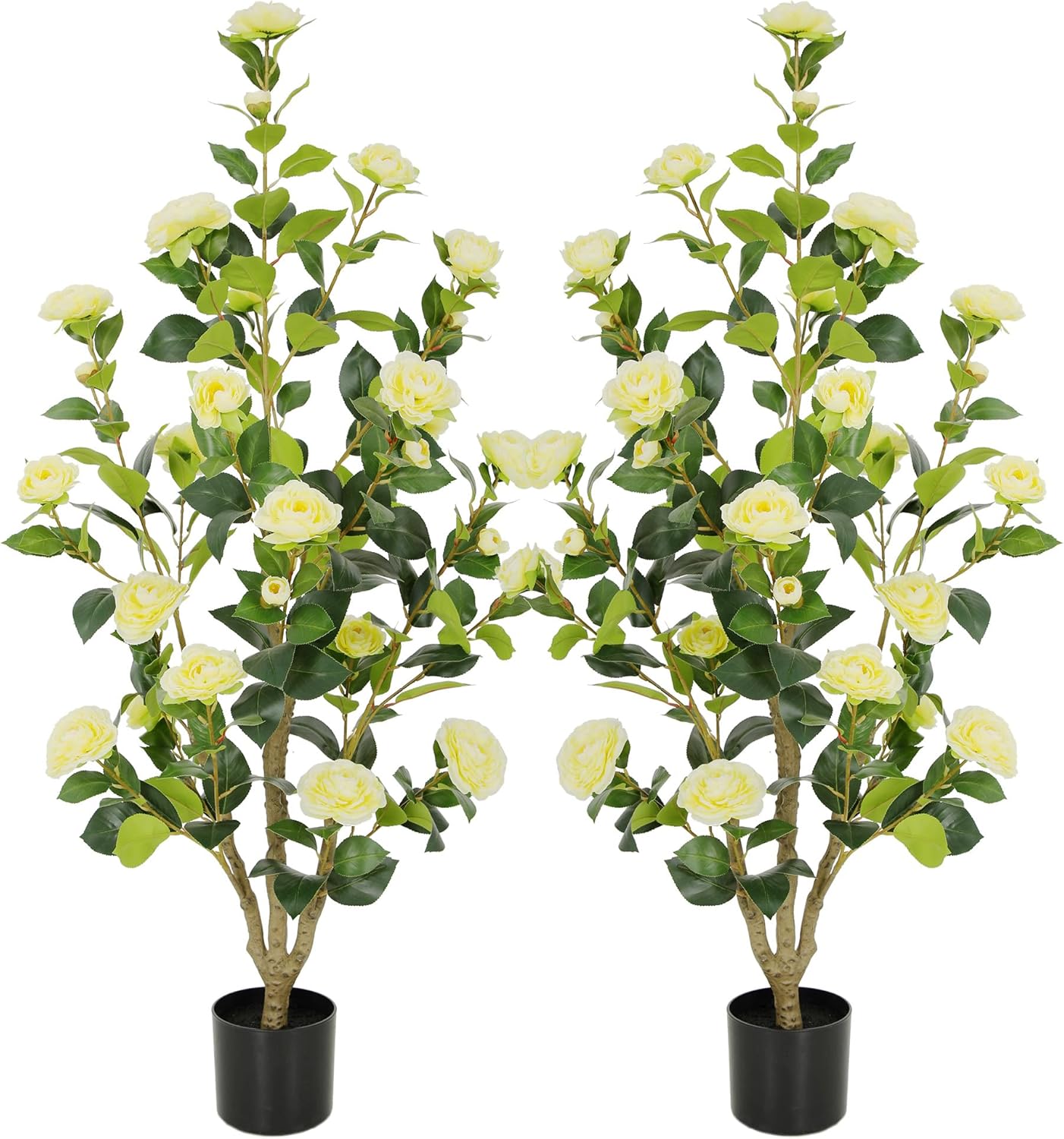 5ft Artificial Camellia Tree with Silk Orange Flowers, 60in Faux Camellia Plant with Lifelike Trunk, Fake Flower Tree Potted Front Door Plants for Porch Patio Deck Living Room Decor, 2Pack