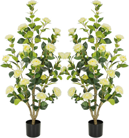 5ft Artificial Camellia Tree with Silk Orange Flowers, 60in Faux Camellia Plant with Lifelike Trunk, Fake Flower Tree Potted Front Door Plants for Porch Patio Deck Living Room Decor, 2Pack
