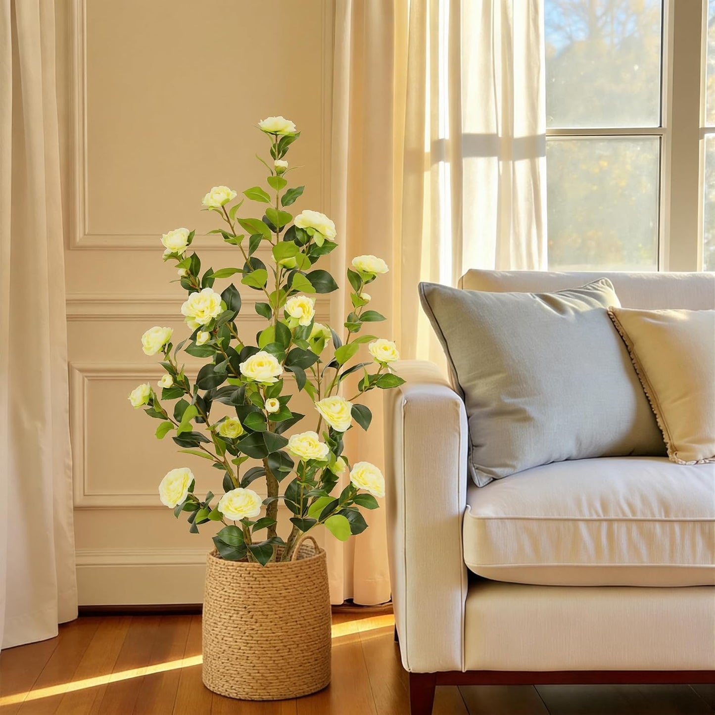 5ft Artificial Camellia Tree with Silk Orange Flowers, 60in Faux Camellia Plant with Lifelike Trunk, Fake Flower Tree Potted Front Door Plants for Porch Patio Deck Living Room Decor, 2Pack