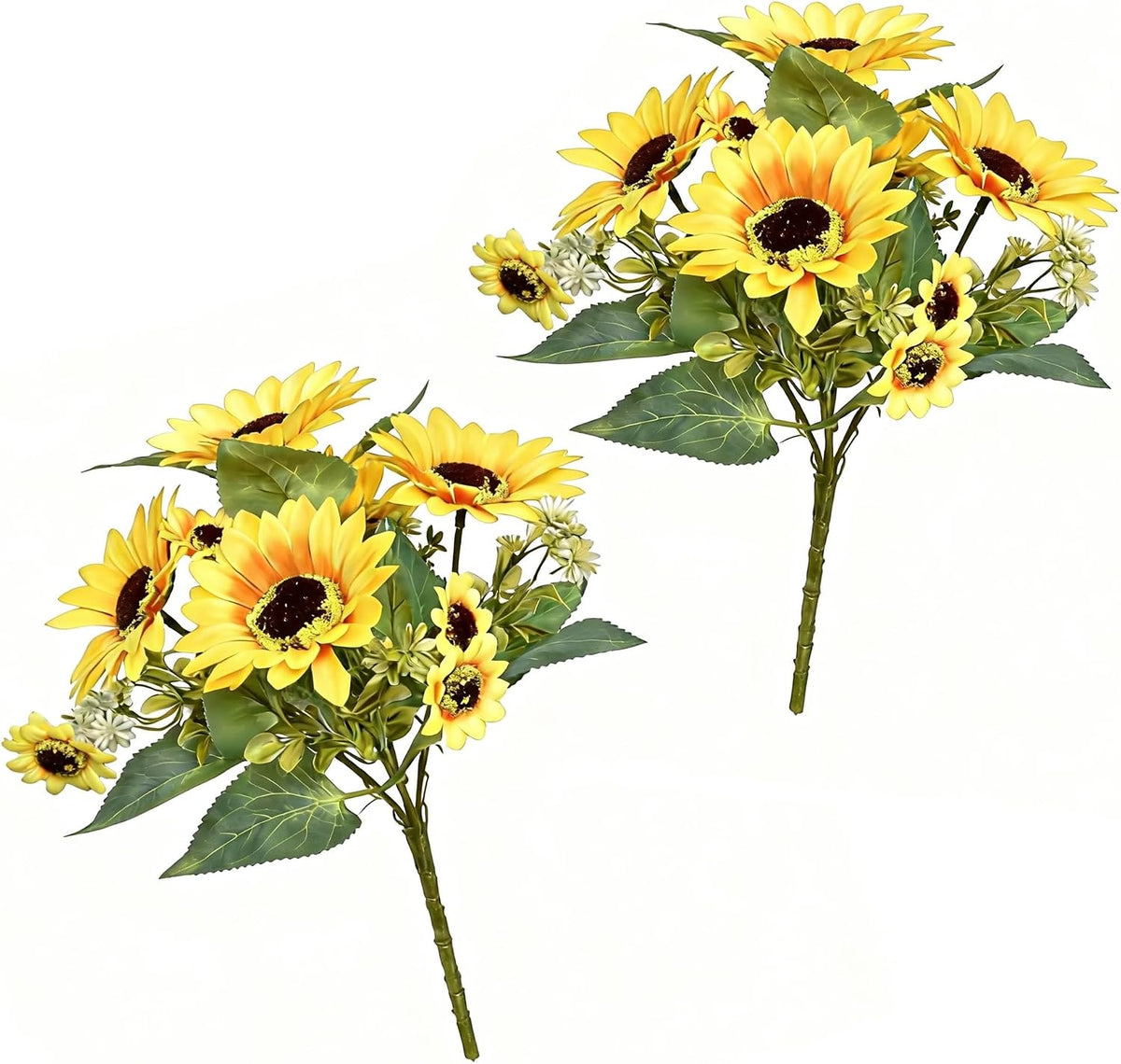 2 Pack 12’’Artificial Sunflower Bouquets – Faux Sunflower Stems with 5 Large Sunflower Heads, 6 Small Daisies & Green Leaves, Fake Flowers for DIY Home Office & Farmhouse Décor
