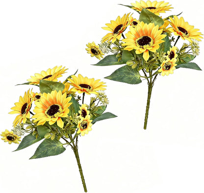 2 Pack 12’’Artificial Sunflower Bouquets – Faux Sunflower Stems with 5 Large Sunflower Heads, 6 Small Daisies & Green Leaves, Fake Flowers for DIY Home Office & Farmhouse Décor