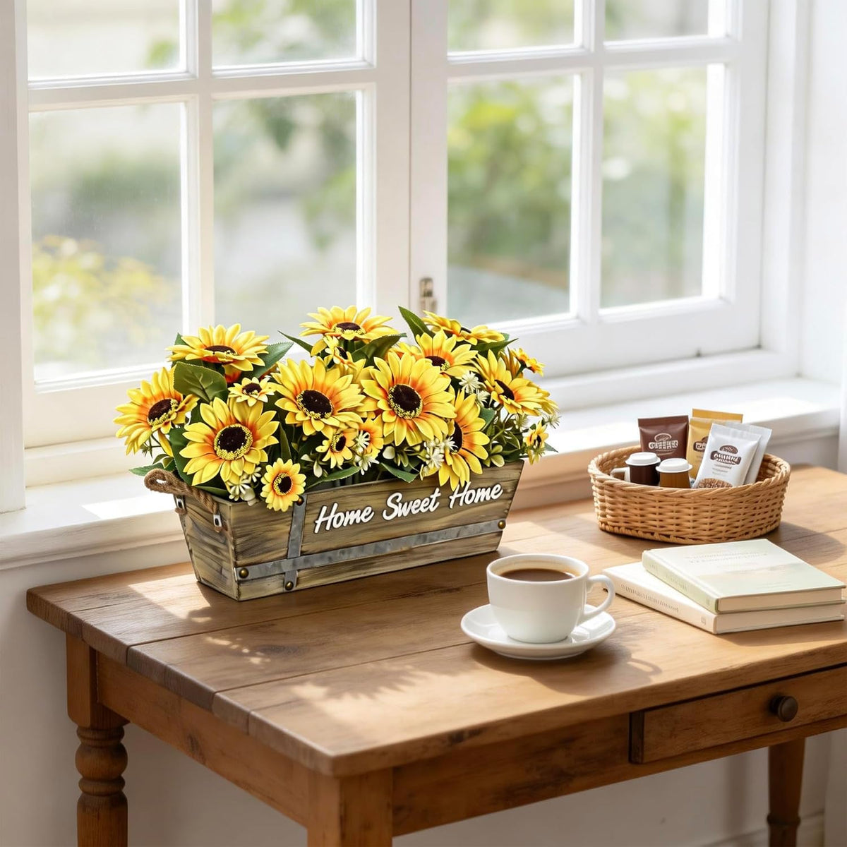2 Pack 12’’Artificial Sunflower Bouquets – Faux Sunflower Stems with 5 Large Sunflower Heads, 6 Small Daisies & Green Leaves, Fake Flowers for DIY Home Office & Farmhouse Décor