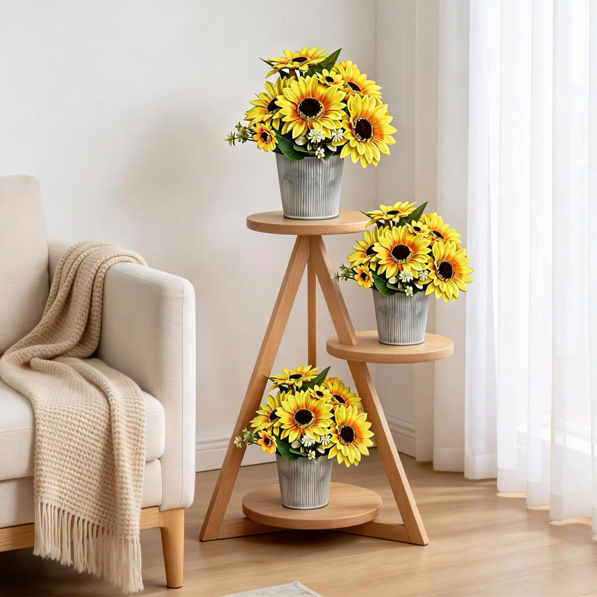 2 Pack 12’’Artificial Sunflower Bouquets – Faux Sunflower Stems with 5 Large Sunflower Heads, 6 Small Daisies & Green Leaves, Fake Flowers for DIY Home Office & Farmhouse Décor