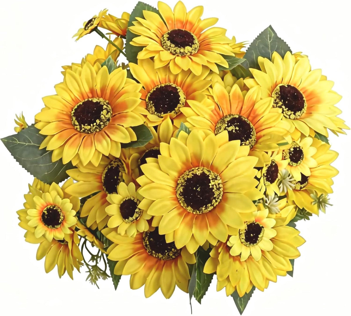 2 Pack 12’’Artificial Sunflower Bouquets – Faux Sunflower Stems with 5 Large Sunflower Heads, 6 Small Daisies & Green Leaves, Fake Flowers for DIY Home Office & Farmhouse Décor