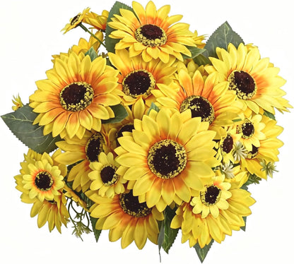 2 Pack 12’’Artificial Sunflower Bouquets – Faux Sunflower Stems with 5 Large Sunflower Heads, 6 Small Daisies & Green Leaves, Fake Flowers for DIY Home Office & Farmhouse Décor