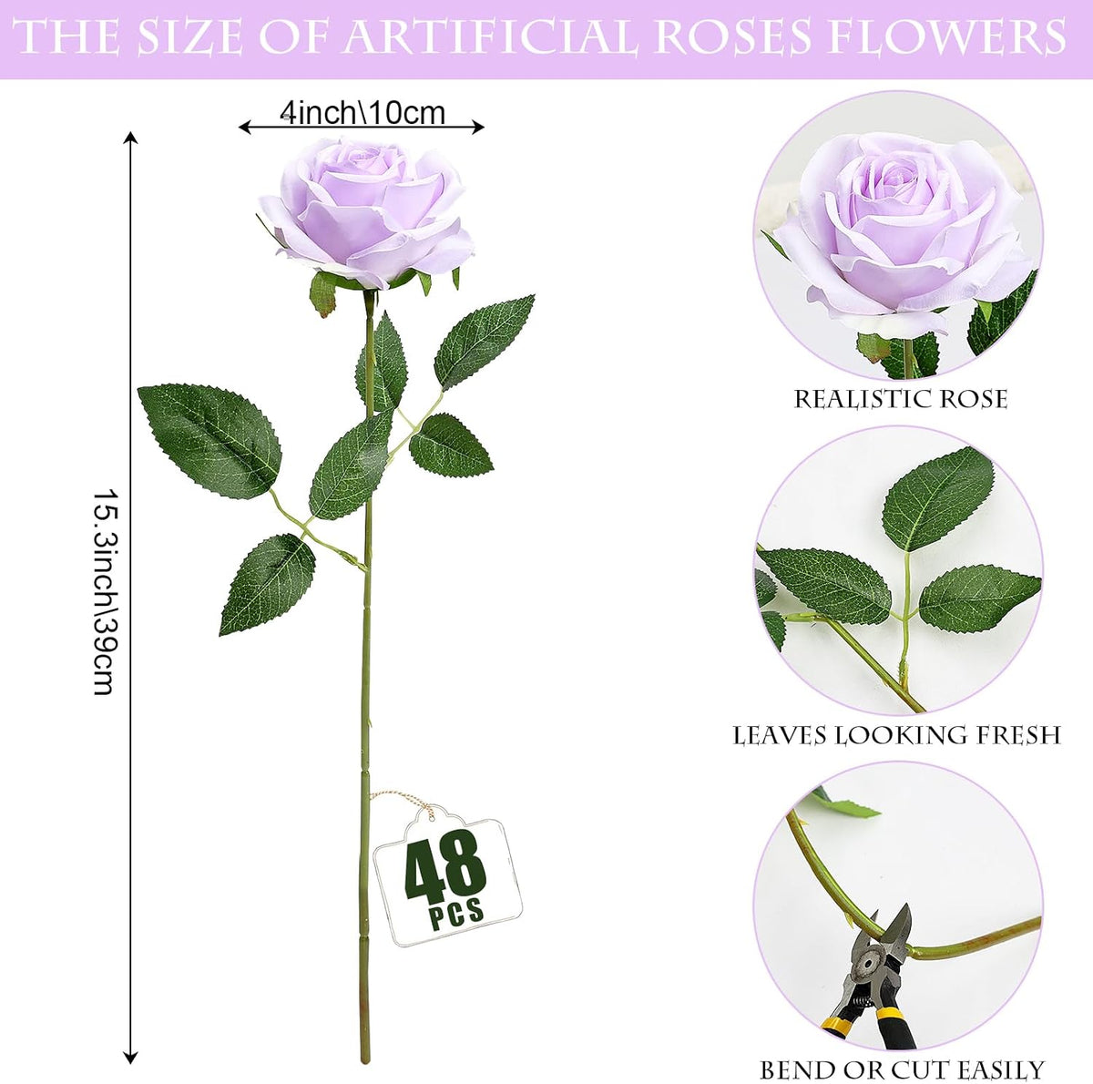 48 PCS Lilac Roses Artificial Flowers, Silk