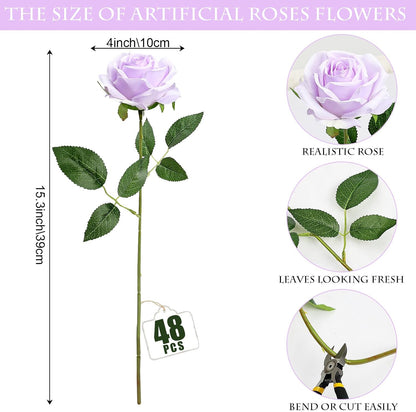 48 PCS Lilac Roses Artificial Flowers, Silk