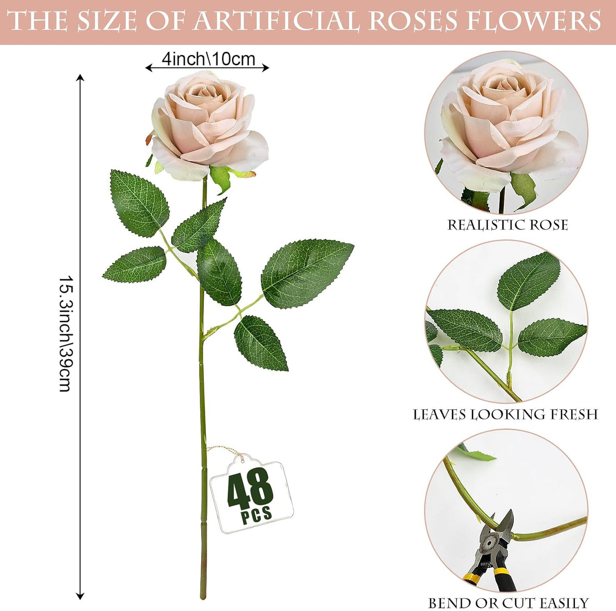 48 PCS Lilac Roses Artificial Flowers, Silk