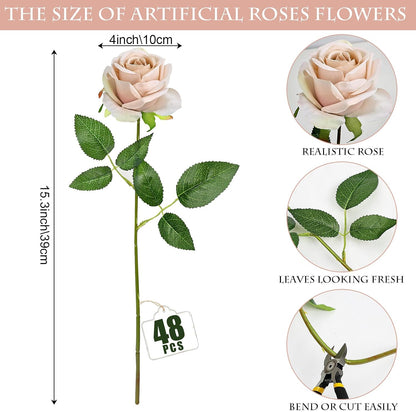 48 PCS Lilac Roses Artificial Flowers, Silk