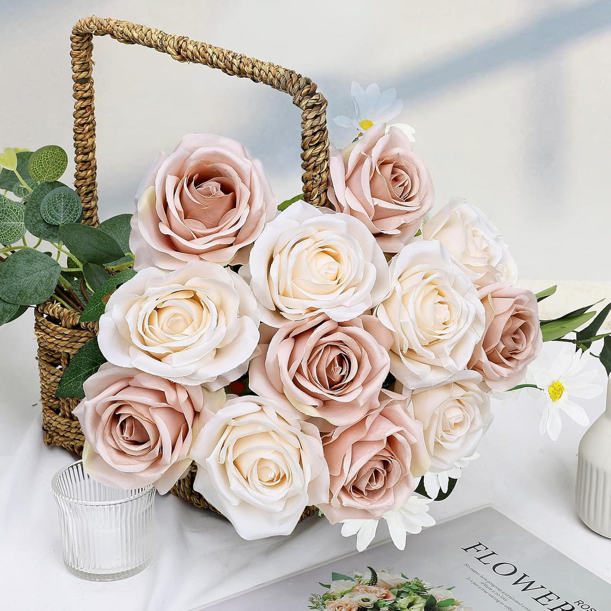 48 PCS Lilac Roses Artificial Flowers, Silk