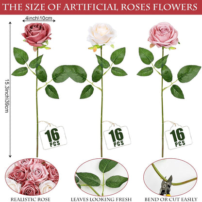 48 PCS Lilac Roses Artificial Flowers, Silk