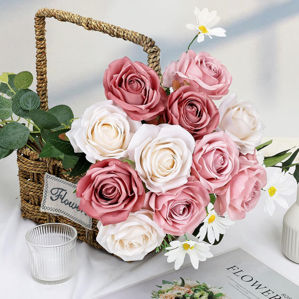 48 PCS Lilac Roses Artificial Flowers, Silk