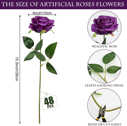 48 PCS Lilac Roses Artificial Flowers, Silk