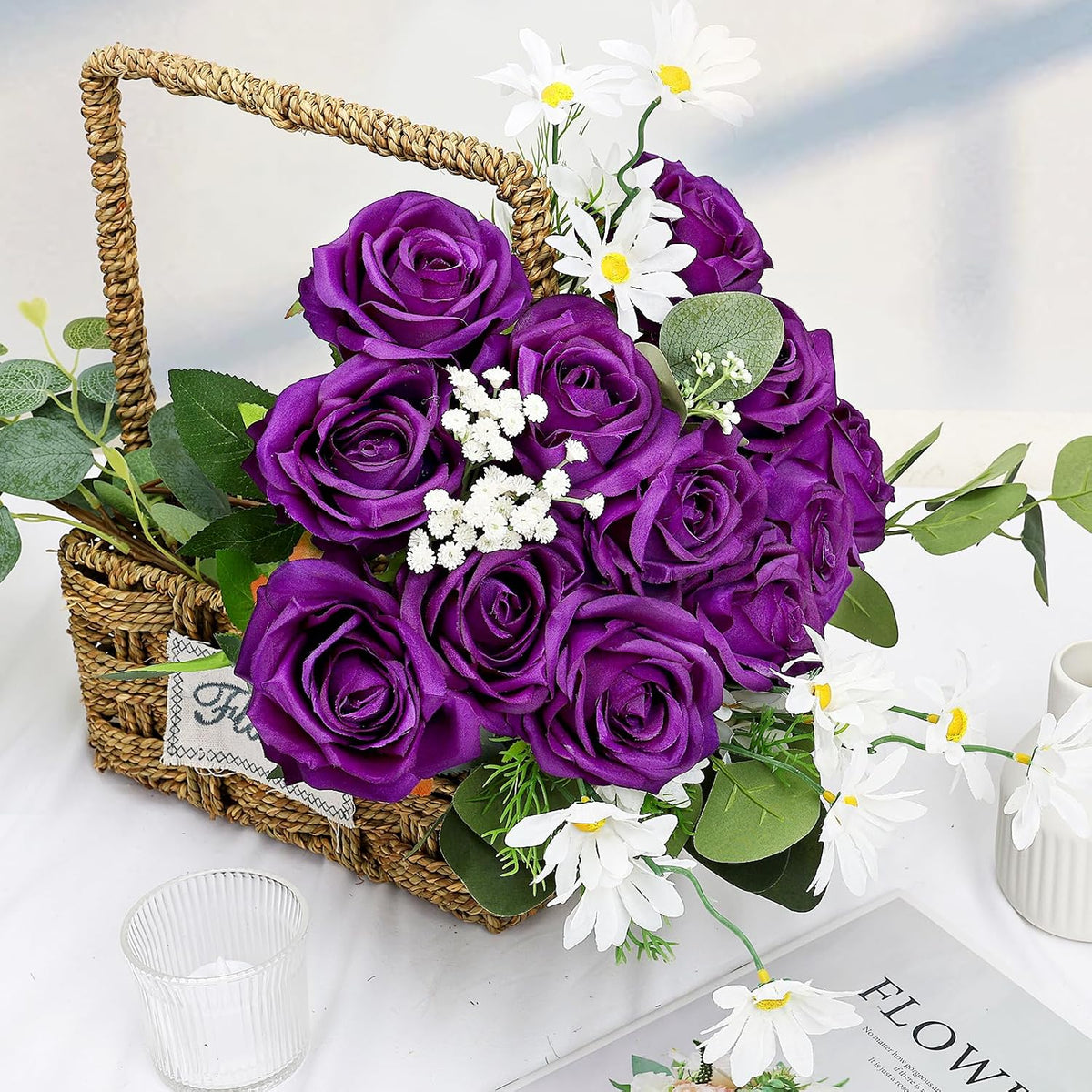 48 PCS Lilac Roses Artificial Flowers, Silk