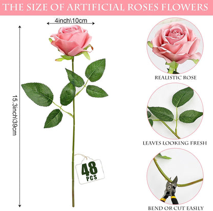 48 PCS Lilac Roses Artificial Flowers, Silk
