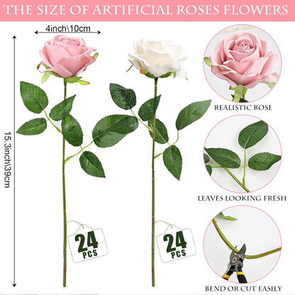 48 PCS Lilac Roses Artificial Flowers, Silk