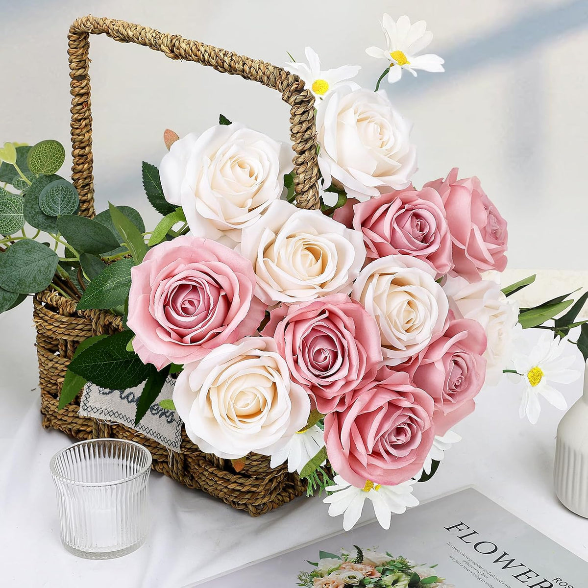 48 PCS Lilac Roses Artificial Flowers, Silk