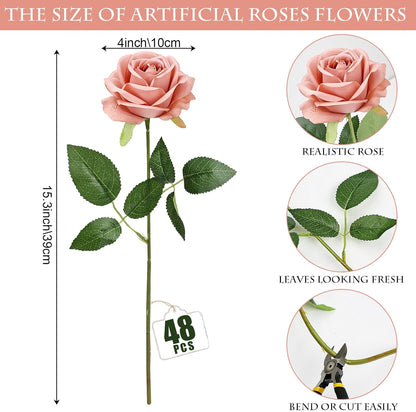 48 PCS Lilac Roses Artificial Flowers, Silk