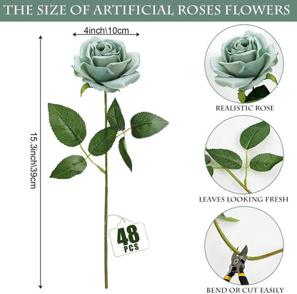 48 PCS Lilac Roses Artificial Flowers, Silk
