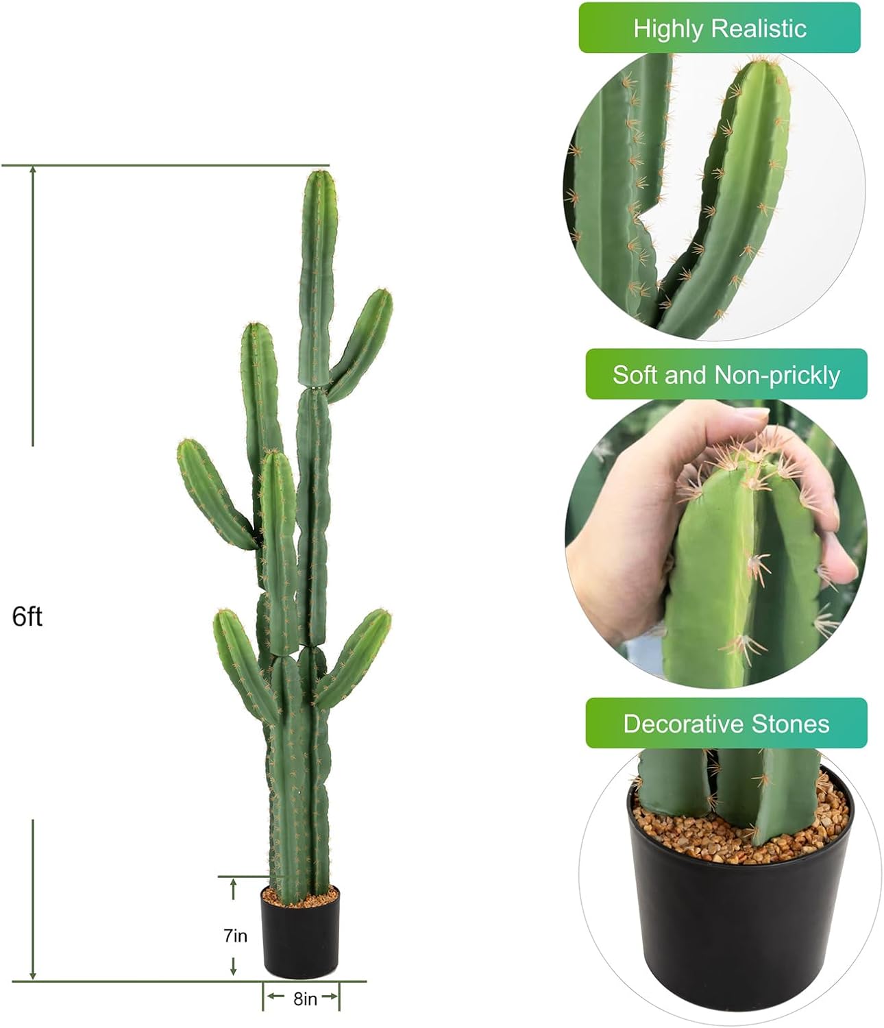 UV-Resistant Artificial Fake Cactus Plants 4ft – Large Faux Cowboy Cactus for Indoor & Outdoor Home, Office, or Garden Decor