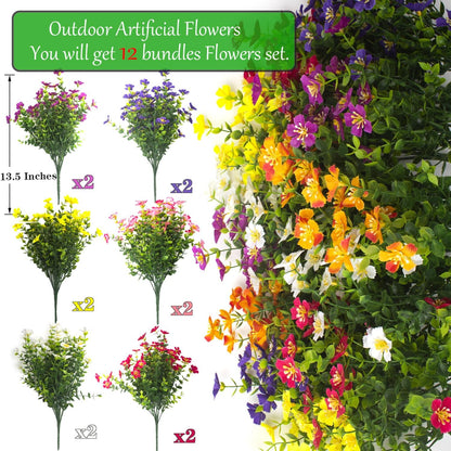 Outdoor Artificial Flowers UV Resistant & Fade Proof, 12 Pack Realistic Fake Flowers for Garden, Patio, Lawn Decor - Weatherproof Plastic Plants (White)
