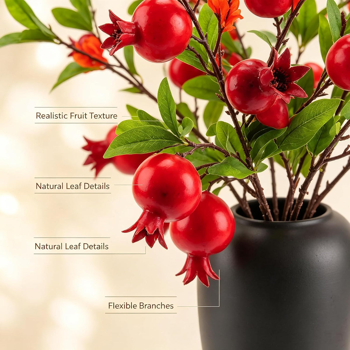 Artificial Pomegranate Fruit Flowers, 3pcs, 37 inch