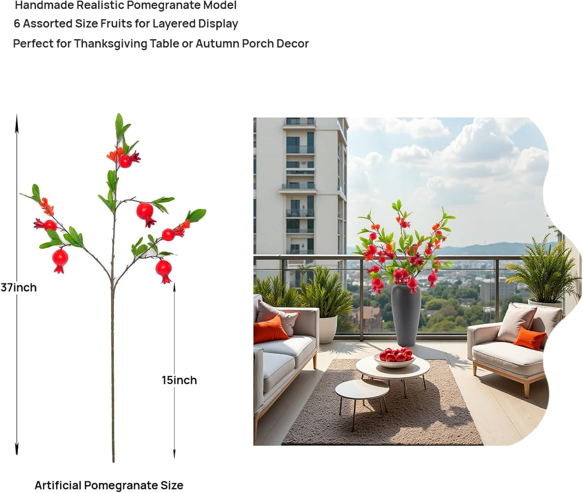 Artificial Pomegranate Fruit Flowers, 3pcs, 37 inch