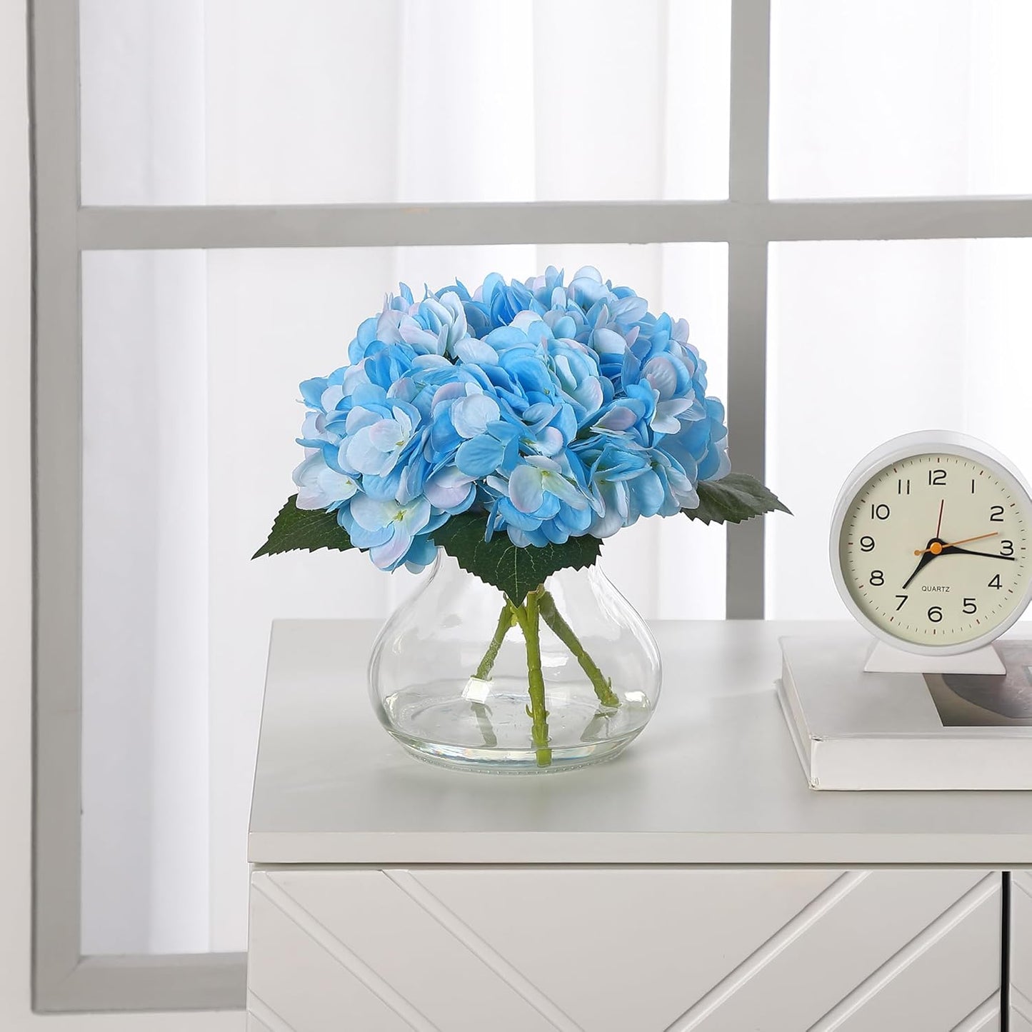 Artificial Hydrangea Flowers with Glass Vase & Fake Water - Faux Hydrangea for Home Table, Wedding Party, Office Decor | Realistic Fake Hydrangeas, Silk Flowers for Vase Arrangement(Hydrangea, white)