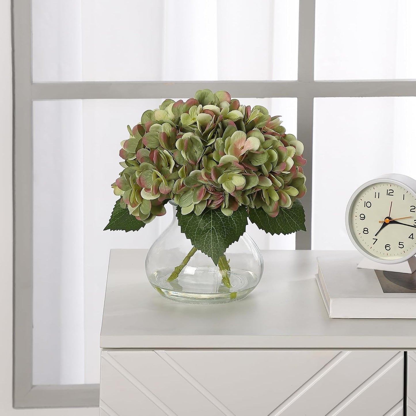 Artificial Hydrangea Flowers with Glass Vase & Fake Water - Faux Hydrangea for Home Table, Wedding Party, Office Decor | Realistic Fake Hydrangeas, Silk Flowers for Vase Arrangement(Hydrangea, white)