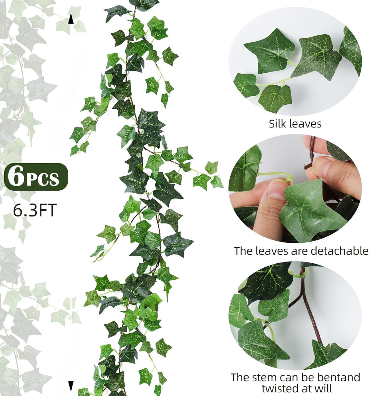 3Strand Fake Vines Artificial Ivy Garland Silk Greenery Plant 6.3Ft