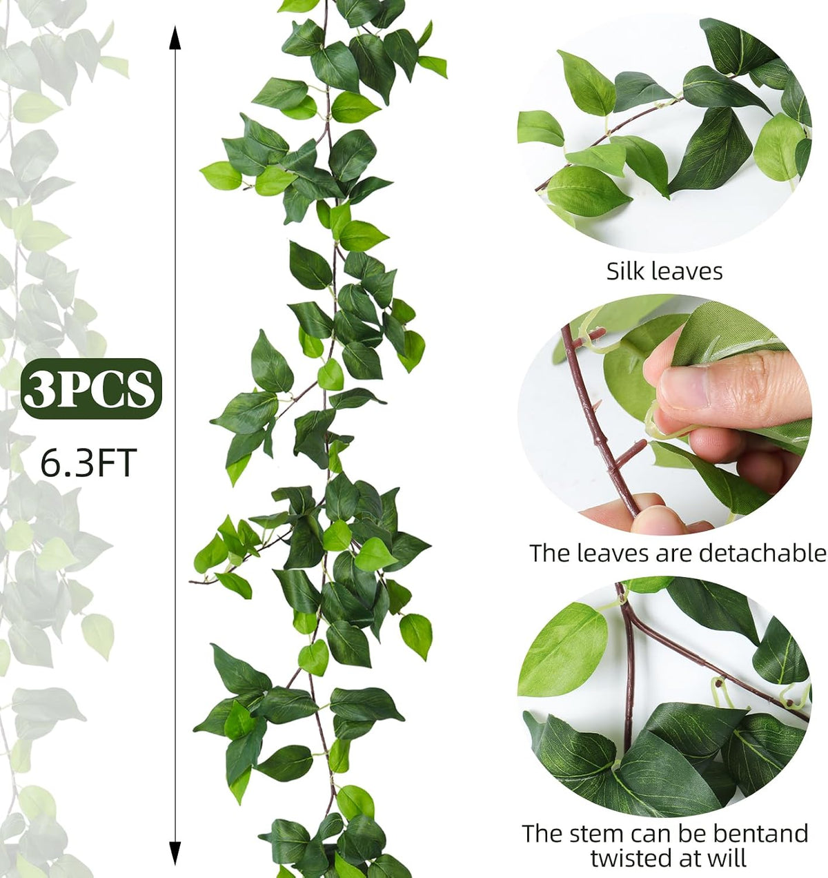 3Strand Fake Vines Artificial Ivy Garland Silk Greenery Plant 6.3Ft