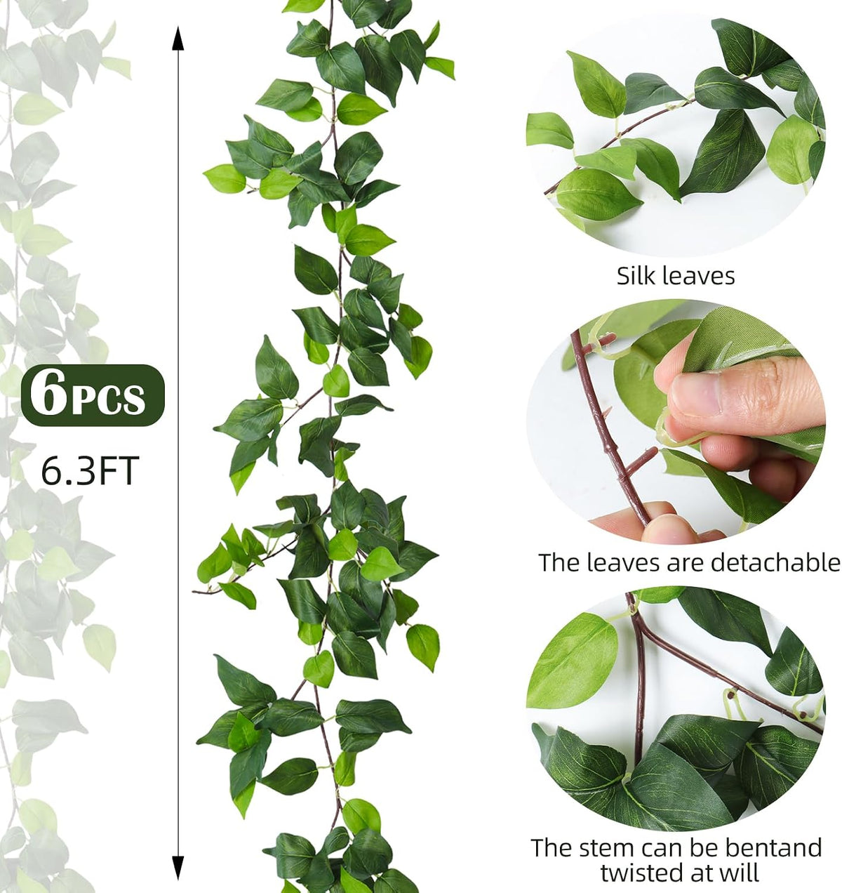 3Strand Fake Vines Artificial Ivy Garland Silk Greenery Plant 6.3Ft