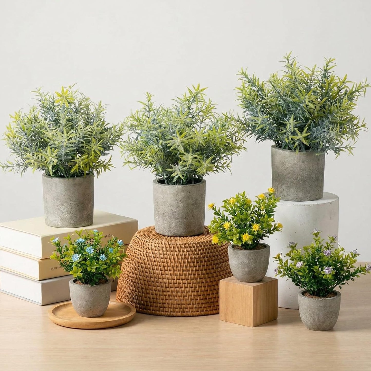 6 Pack Small Artificial Greenery Potted Plants Indoor Mini Fake Eucalyptus Rosemary Succulents in Pulp Rustic Farmhouse Table Centerpiece for Shelf Bathroom Bedroom Kitchen Office