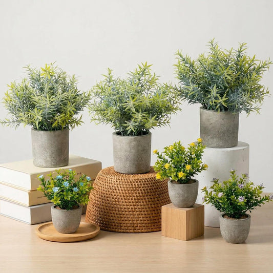 6 Pack Small Artificial Greenery Potted Plants Indoor Mini Fake Eucalyptus Rosemary Succulents in Pulp Rustic Farmhouse Table Centerpiece for Shelf Bathroom Bedroom Kitchen Office