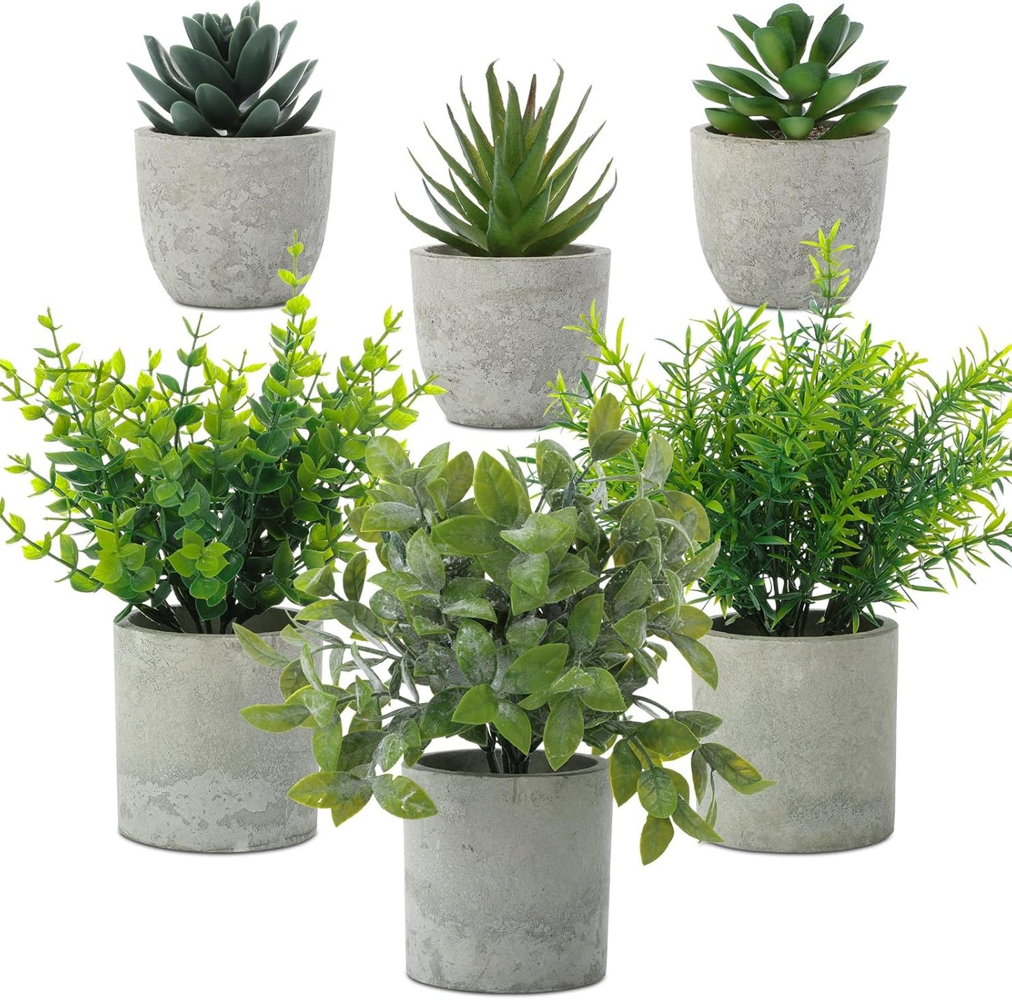 6 Pack Small Artificial Greenery Potted Plants Indoor Mini Fake Eucalyptus Rosemary Succulents in Pulp Rustic Farmhouse Table Centerpiece for Shelf Bathroom Bedroom Kitchen Office