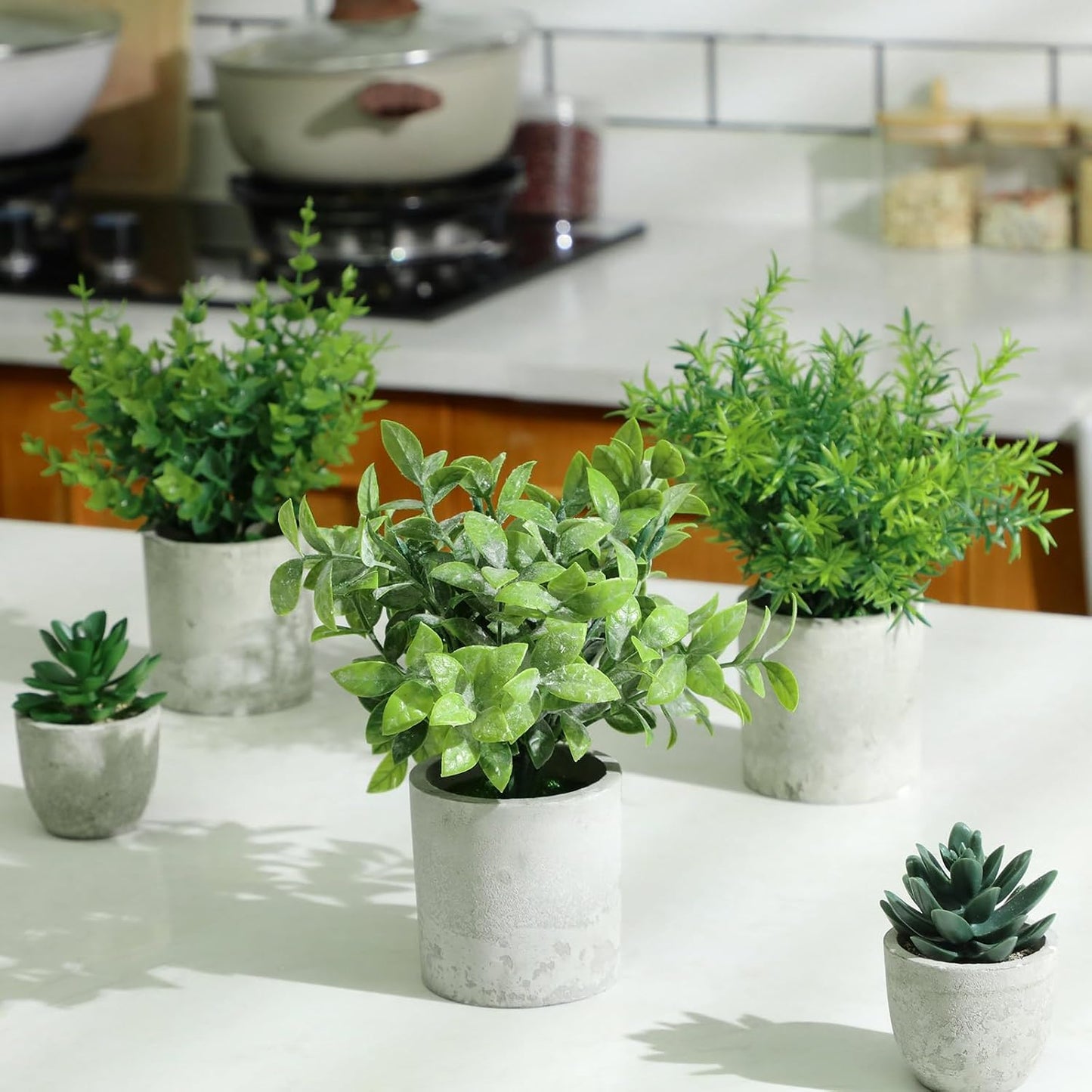 6 Pack Small Artificial Greenery Potted Plants Indoor Mini Fake Eucalyptus Rosemary Succulents in Pulp Rustic Farmhouse Table Centerpiece for Shelf Bathroom Bedroom Kitchen Office