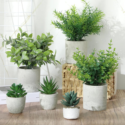 6 Pack Small Artificial Greenery Potted Plants Indoor Mini Fake Eucalyptus Rosemary Succulents in Pulp Rustic Farmhouse Table Centerpiece for Shelf Bathroom Bedroom Kitchen Office
