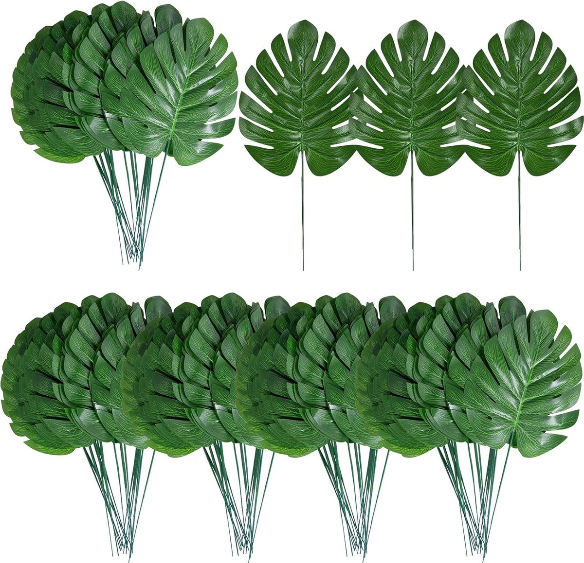 100Pcs Artificial Monstera Leaves Fake Tropical Faux Palm Leaves with Stem for Jungle Hawaiian Dinosaur Luau Party Table Decoration Wedding Birthday Theme Party, Leaf Size: 7''x 5''