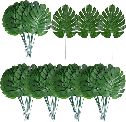 100Pcs Artificial Monstera Leaves Fake Tropical Faux Palm Leaves with Stem for Jungle Hawaiian Dinosaur Luau Party Table Decoration Wedding Birthday Theme Party, Leaf Size: 7''x 5''