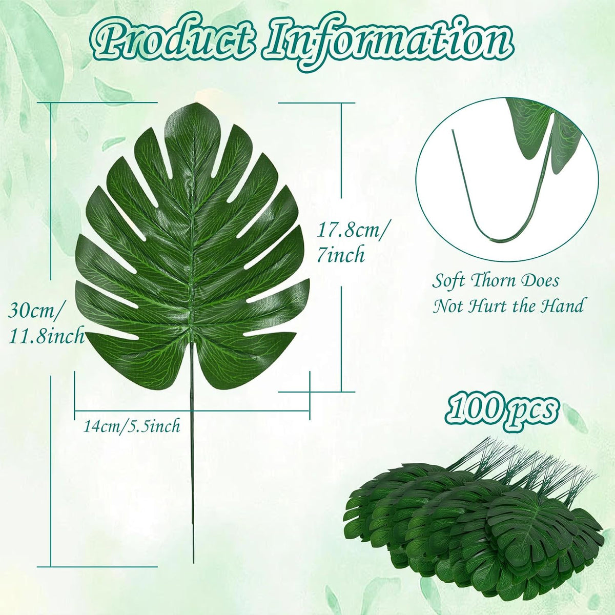 100Pcs Artificial Monstera Leaves Fake Tropical Faux Palm Leaves with Stem for Jungle Hawaiian Dinosaur Luau Party Table Decoration Wedding Birthday Theme Party, Leaf Size: 7''x 5''