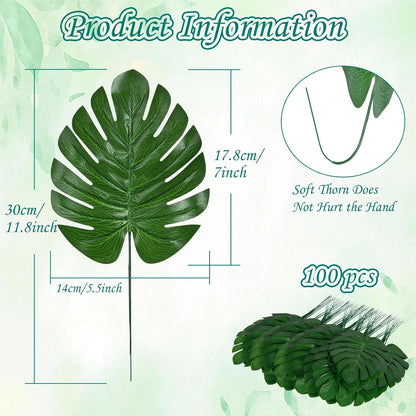 100Pcs Artificial Monstera Leaves Fake Tropical Faux Palm Leaves with Stem for Jungle Hawaiian Dinosaur Luau Party Table Decoration Wedding Birthday Theme Party, Leaf Size: 7''x 5''